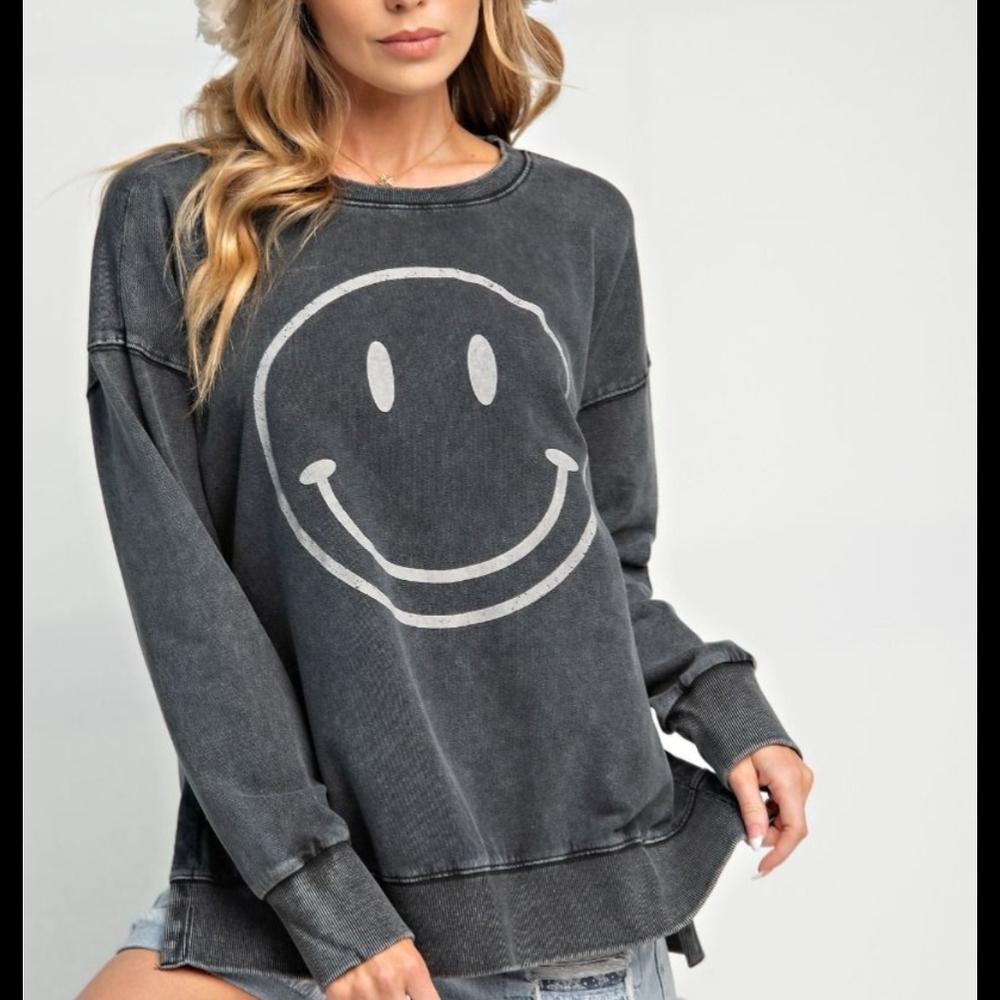 Easel Smiley Face Washed Charcoal Crewneck Sweatshirt
